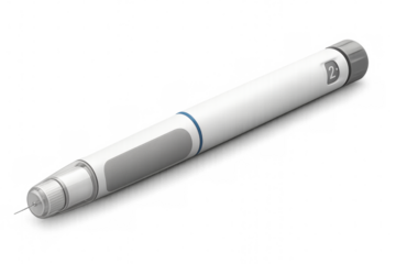 Insulin pen delivering dose of medication on transparent background