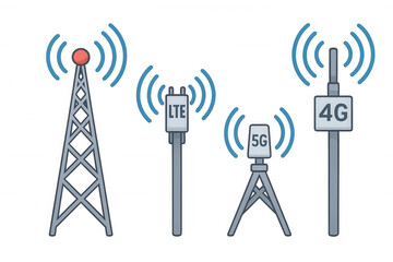 Telecommunication towers and antennas transmitting 4g, 5g, lte wireless internet and mobile network signals