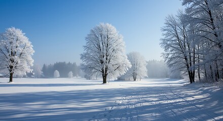 Obraz premium Snowcovered trees in a serene winter landscape under a clear blue sky, evoking a sense of peace and tranquility