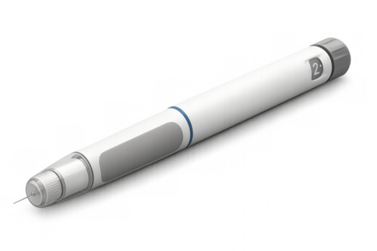 Insulin pen delivering dose of medication on transparent background