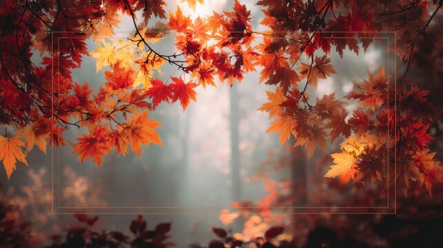 Autumn maple leaves frame a tranquil forest scene in warm reds and oranges, light streaming through the misty woods, creating a banner-ready setting with copyspace for text for nature, travel