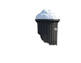A black public trash can covered with a large pile of fresh white snow.