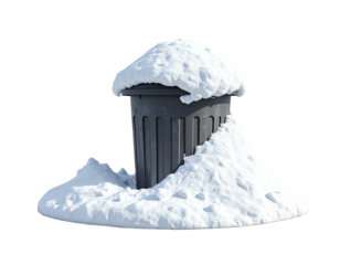 A black public trash can covered in a thick layer of fresh white snow.