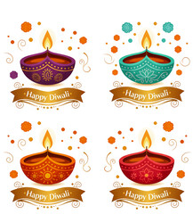 Happy Diwali wishes sticker template with lighting diyas, golden dust, graphic design illustration wallpaper 