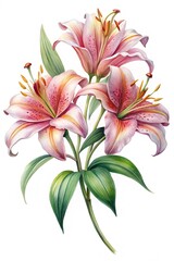 Elegant Watercolor Illustration of Pink Stargazer Lilies with Green Foliage Against White Backdrop
