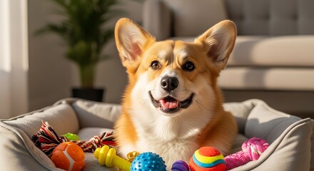 Cute Corgi Dog Relaxing in a Cozy Bed Surrounded by Colorful Dog Toys