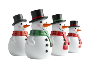 A cheerful row of four snowman figurines wearing colorful scarves and top hats.