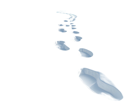 A trail of human footprints receding into the distance on white snow.