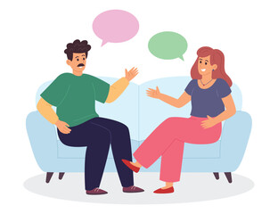 Concept of two people having friendly conversation on sofa with speech bubbles