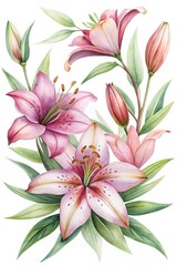 Fototapeta premium Watercolor Painting of Pink Lilies with Green Leaves on White Background