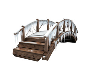 Icy wooden arched bridge with steps covered in snow and icicles.