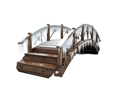 Icy wooden arched bridge with steps covered in snow and icicles.