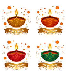 Happy Diwali wishes sticker template with lighting diyas, golden dust, graphic design illustration wallpaper 
