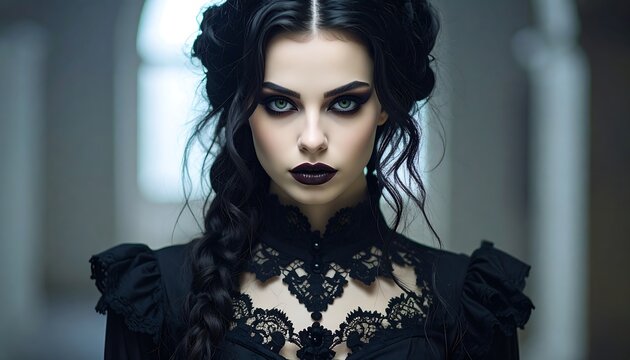 A striking portrait of a woman with dramatic gothic makeup, wearing an ornate black lace dress, gazing intensely. Soft, diffused lighting