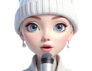 Beautiful animated female singer wearing a white winter hat.