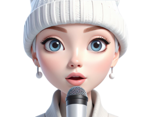 Beautiful animated female singer wearing a white winter hat.