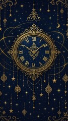 Ornate celestial clock illustration.