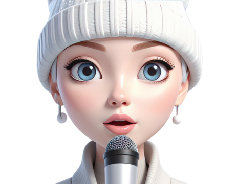 Beautiful animated female singer wearing a white winter hat.