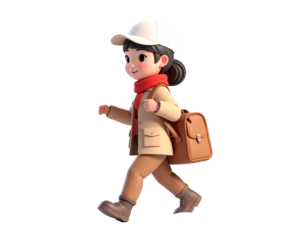 A charming 3D animated girl character walking to school.