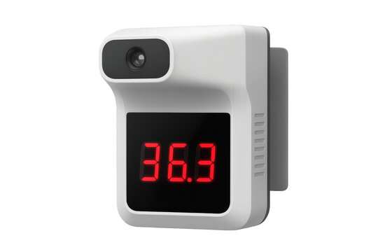 Digital infrared thermometer showing normal body temperature on transparent background