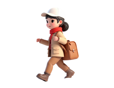 A charming 3D animated girl character walking to school.