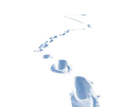 A solitary person walks through a vast expanse of white snow leaving footprints.