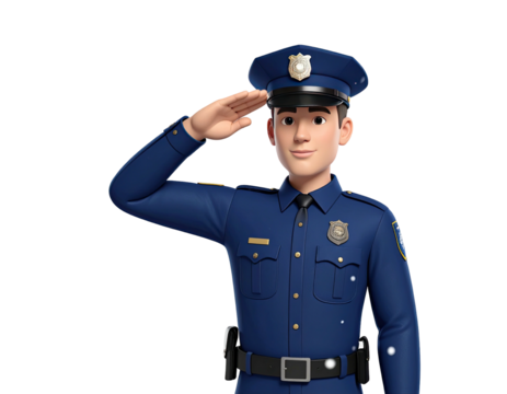 3D render of a cartoon police officer in a blue uniform saluting.