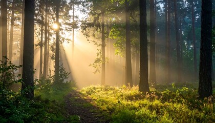 Fototapeta premium A sunlit forest path, sunlight streams through trees. The vibrant green undergrowth is glowing, and the air is filled with a misty haze