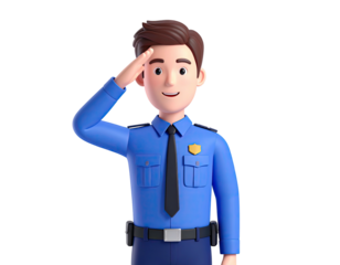 3D cartoon illustration of a friendly police officer saluting.