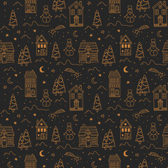 Christmas seamless pattern featuring hand drawn night winter landscape, snow-covered village, snowmen, houses, and fir trees. Whimsical vector doodle illustrations on black background.