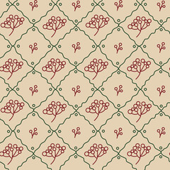 Vector winter botanical seamless pattern. Hand drawn vintage background with whimsical doodle berries on beige background.