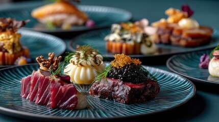 An enticing food arrangement on stylish plates, ideal for a gastronomic experience. These artistically arranged foods create an appealing visual experience