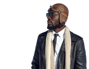 Stylish African American man in vintage aviator gear looking sideways.