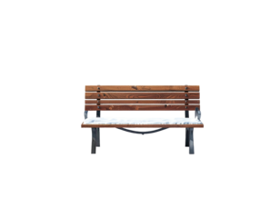 A solitary wooden park bench with a light dusting of snow isolated on a white background.