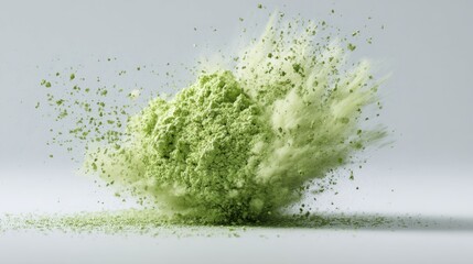 A vibrant burst of green powder suspended in mid-air. The image captures the dynamic energy of an explosion