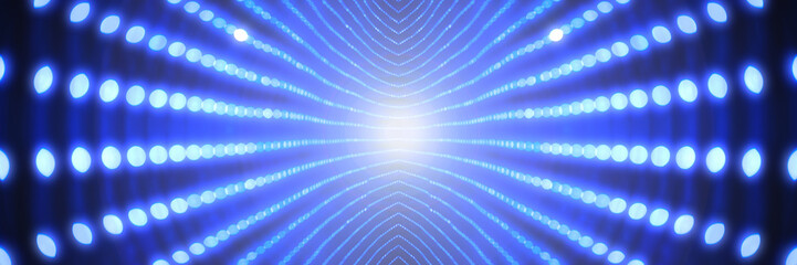 Abstract panoramic blue background in a space style. A beam of light in the center of the tunnel. High-speed movement in space. Time machine concept.
