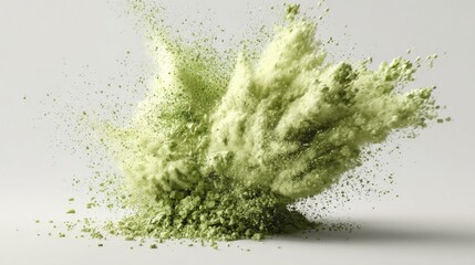 Dynamic explosion of green powder, showcasing motion and energy. A visual representation of impact and force.