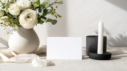 Elegant arrangement of flowers and a candle with a blank card, perfect for adding a personal touch. The composition evokes a sense of tranquility and simplicity.