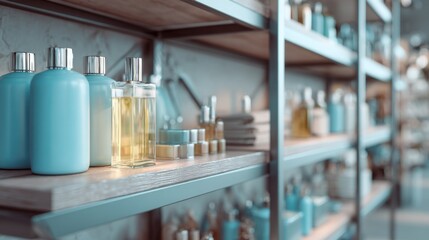 Cosmetics and skincare products on wooden shelves, enhancing a spa-like atmosphere. The bottles and containers exhibit an array of colors and shapes, adding visual interest. 