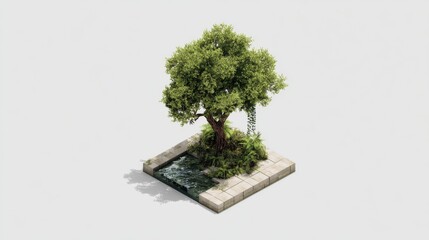 A miniature model of a tree and water feature