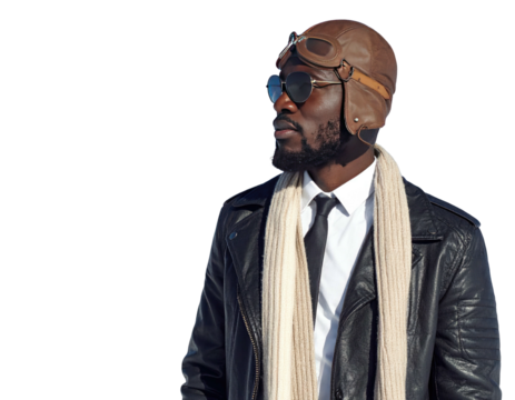 Stylish African American man in vintage aviator gear looking sideways. - Powered by Adobe