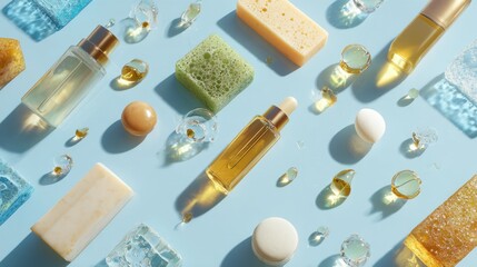 Skincare product arrangement. Various cosmetic items are beautifully presented