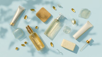 Cosmetic products artfully arranged with shadows on a light blue surface, presenting a natural skincare routine