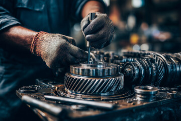 A man is working on a machine with a large gear