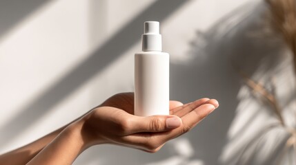 A person is delicately holding a cosmetic product in their open palm, showcasing the item against a clean background
