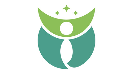 Abstract human figure emblem with green and gold arcs and celestial accents vector