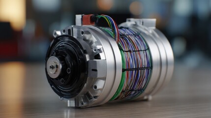 Detailed view of a complex machine with wires, illustrating technology and engineering. The intricate design and multiple colored wires showcase advanced technology