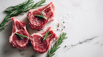 Close-up shot of fresh raw meat steaks, seasoned with rosemary sprigs and a sprinkle of salt and pepper on a marble surface