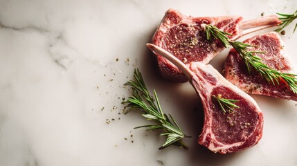Fresh raw lamb chops seasoned with herbs on marble. Top view, perfect for culinary and food-related projects