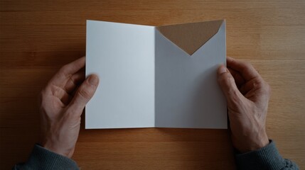A pair of hands delicately holding an open blank card